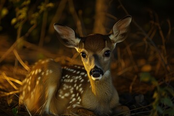 Sticker - Tranquil and serene fawn resting in the peaceful woodland habitat at golden hour during sunset, showcasing the innocence and beauty of nature's gentle and undisturbed wildlife environment