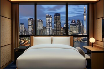 Luxurious hotel room with city view, featuring modern decor and high end amenities perfect for a sophisticated and comfortable stay