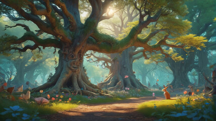 Wall Mural - Deep in the Enchanted Grove, woodland creatures gather for whimsical tales beneath the ancient trees, Generative AI