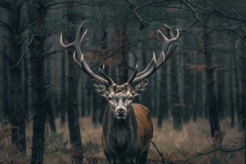 Poster - Regal stag with impressive antlers stands alert in a serene, mistenshrouded woodland