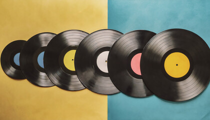 black turntable vinyl discs arranged in a row against a yellow and blue background