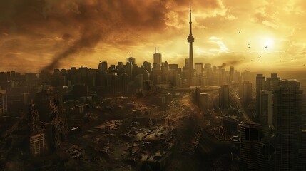 postapocalyptic toronto skyline cinematic depiction of armageddon in canadas largest city digital painting