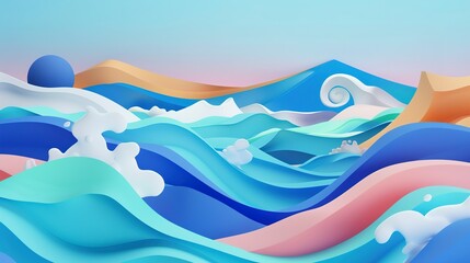 Canvas Print - Whimsical ocean waves flat design front view exploration theme 3D render Triadic Color Scheme