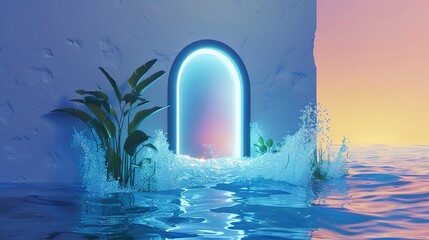 Ocean waves with portal flat design front view enchanted theme 3D render vivid 