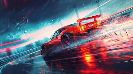 Wall Mural - race car speeding on track dynamic motorsports vehicle illustration competitive auto racing artwork