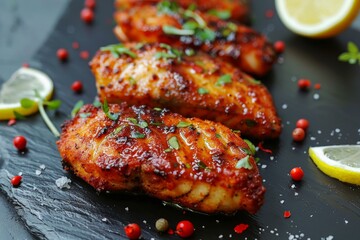 Sticker - Juicy grilled chicken breasts garnished with fresh herbs, lemon, and spices on a dark slate background