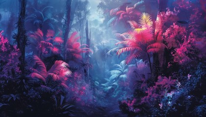 A futuristic jungle with bioluminescent plants and holographic wildlife, blending nature and technology, vibrant colors, digital painting,