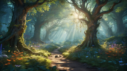 Wall Mural - Deep within the enchanted forest, a hidden glade shimmers with the ethereal light of faerie magic, where woodland creatures gather to witness the coronation of the forest queen, Generative AI