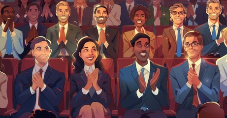 Wall Mural - A diverse group of businesspeople sitting in an audience clapping and smiling at the speaker on stage during a conference or town hall meeting, in a photorealistic, high detail style.