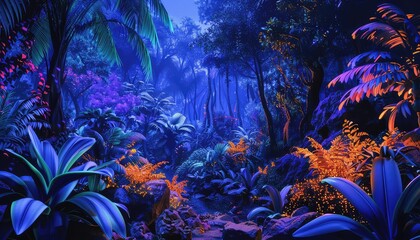 A futuristic jungle with bioluminescent plants and holographic wildlife, blending nature and technology, vibrant colors, digital painting,