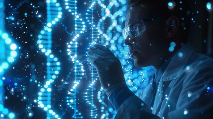 A man in a lab coat is looking at a DNA strand