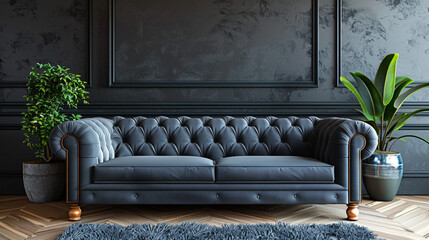 Wall Mural - Comfortable lounge area with sofa set against a stylish, dark wall.