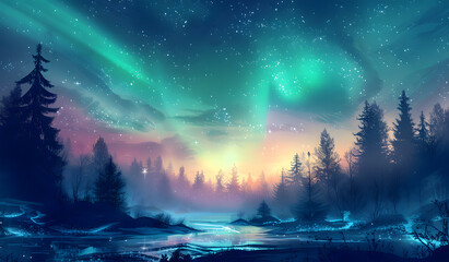 The Northern Lights in the Night Forest