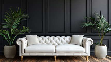 Wall Mural - Contemporary lounge area featuring a sofa against a stylish dark wall.