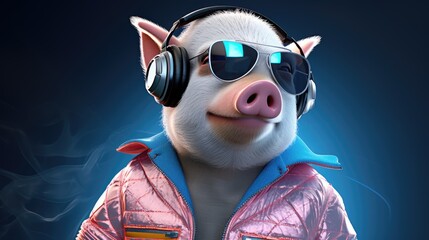 Poster - Music dj pig with sunglasses and headphones