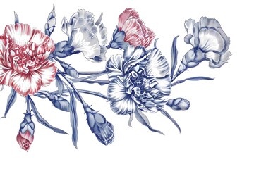 Wall Mural -  Hand-drawn carnation flowers in a vintage style.