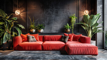 Wall Mural - Inviting lounge area with sofa against a luxurious, dark-colored wall.