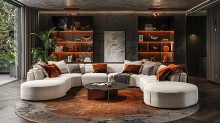 Wall Mural - Inviting lounge, sofa set against a luxurious, dark backdrop.