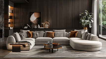 Wall Mural - Inviting lounge, sofa set against a luxurious, dark-toned backdrop.