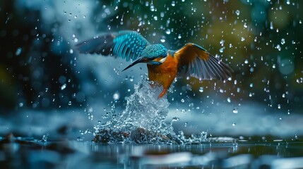 kingfisher diving into river with dramatic splash bird hunting underwater wildlife photography