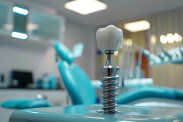 Closeup of a dental implant model in a dentist's office with blurred background of dental equipment