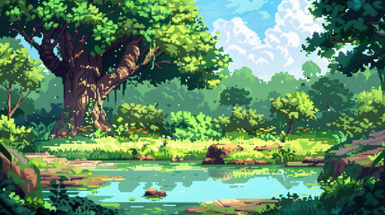 Wall Mural - 2d pixel art of pond in the park, forest as a background