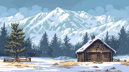 Wall Mural - 2d pixel art of wooden house on snow landscape , snow mountain as a background, 16 bits, 32 bits, game art