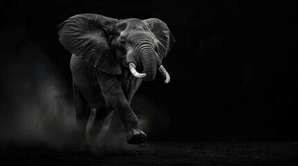 Wall Mural - majestic elephant leaping on black background surreal animal illustration