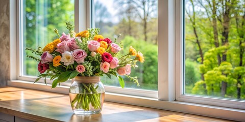 Wall Mural - A beautiful bouquet of flowers on the windowsill on a sunny day.