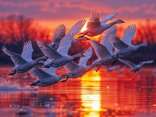 Wall Mural - AI generated illustration of a flock of swans gracefully gliding over a sunset-lit lake