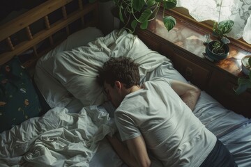 Sticker - Overhead view of a young man peacefully sleeping in a naturally lit, comfortable bed with plants nearby