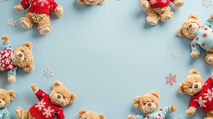 Baby kids toy frame background with a mix of cuddly apricot and caramel teddy bears, each wearing bright Christmas sweaters adorned