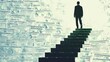 © MAY - An illustration of a businessman climbing a staircase made of money, representing career advancement and financial success.