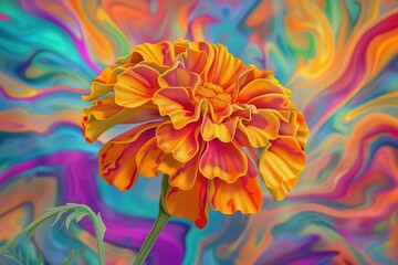 A watercolor painting of a marigold flower with a liquid background