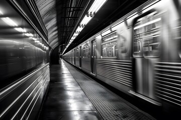 High-contrast black and white image depicting a subway train moving at speed.