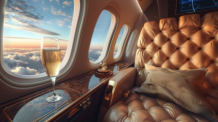 A luxurious airplane with two leather seats and a champagne glass. Private seat on private jet