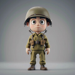 Introducing 3D Soldier: a bold cartoon mascot adorned in a formidable military uniform complete with a sturdy helmet. This character embodies strength, courage, and discipline,standing ready to defend