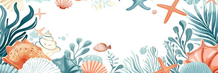 Wall Mural - Underwater marine sea life with seashells, starfish, and seaweed banner. Panoramic web header. Wide screen wallpaper