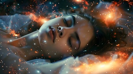 Wall Mural - A close-up shot captures a woman's serene slumber as she rests on a fluffy, galaxy-like cloud.