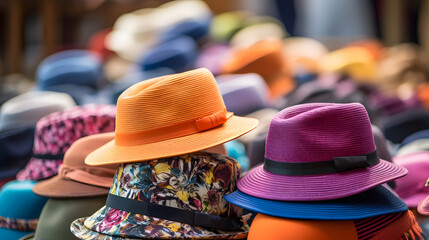 Vibrant Outdoor Market with Colorful Hats and Display Stands