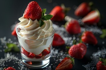 Sticker - Elegant dessert glass filled with whipped cream and fresh strawberries, garnished with mint