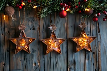 Wall Mural - Wooden stars hang from christmas tree with lights