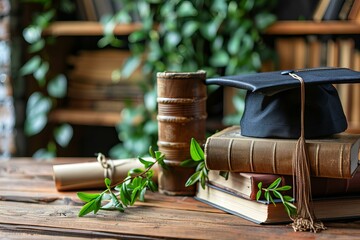 Wall Mural - A graduation cap on top of a stack of books