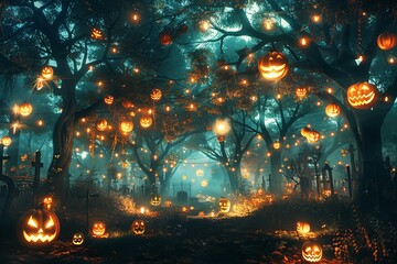 Wall Mural - Pumpkins glowing night dark halloween autumn