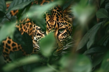 Wall Mural - ai generated illustration of a leopard peeking through foliage in the wild