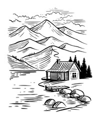 Wall Mural - Country house in mountains. Cabin hand drawing