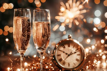 Wall Mural - Two champagne flutes beside clock and christmas tree