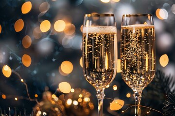 Wall Mural - Two glasses champagne next Christmas tree