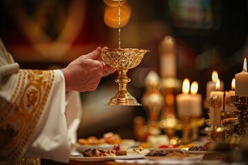 Priest holds golden chalice by food table
