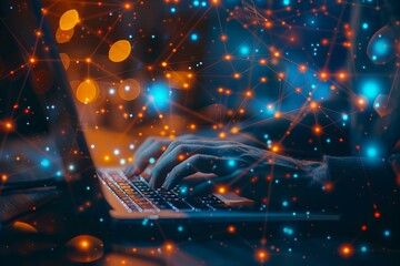 Person typing laptop glowing dots technology screen digital
